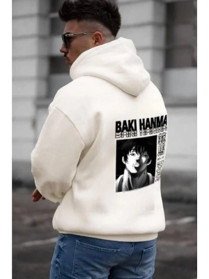 Erkek Baskılı Kapüşonlu ve Kordon İpli Sweat - Beyaz