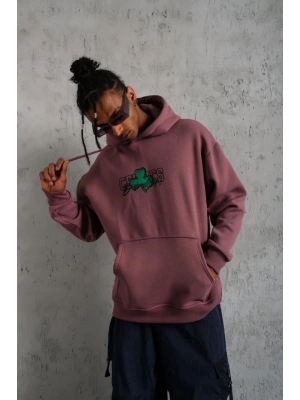 Erkek Baskılı Kapüşonlu ve Kordon İpli Sweat - Gül Kurusu