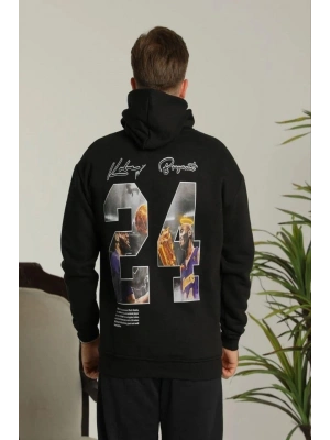 Erkek Baskılı Oversize Üç İplik Kapüşonlu Sweatshirt - Siyah