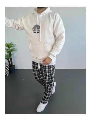 Erkek Baskılı Üç İplik Kapüşonlu Oversize Sweatshirt - Beyaz