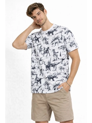 Erkek Beyaz Dinozor Desenli Tişört – Regular Fit, Bisiklet Yaka, Dijital Baskılı Pamuklu T-Shirt - Beyaz