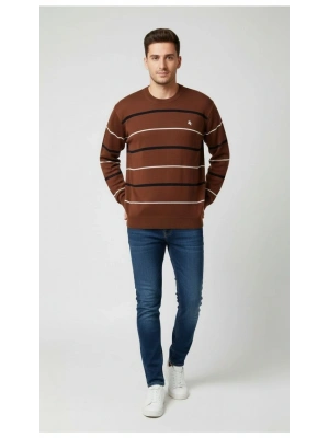 Erkek Bisiklet Yaka Cizgili Triko Kazak yumuşak dokulu Pamuklu ince Dokuma, uzun kollu Rahat Regular kalıp - Kahverengi