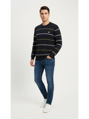 Erkek Bisiklet Yaka Cizgili Triko Kazak yumuşak dokulu Pamuklu ince Dokuma, uzun kollu Rahat Regular kalıp - Lacivert