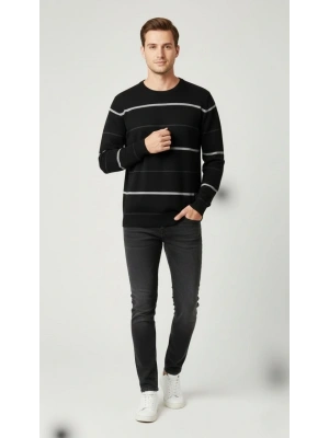 Erkek Bisiklet Yaka Cizgili Triko Kazak yumuşak dokulu Pamuklu ince Dokuma, uzun kollu Rahat Regular kalıp - Siyah