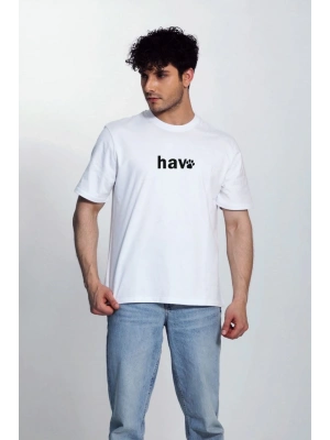 Erkek Bisiklet Yaka Kısa Kol hav Baskılı T-shirt - Beyaz