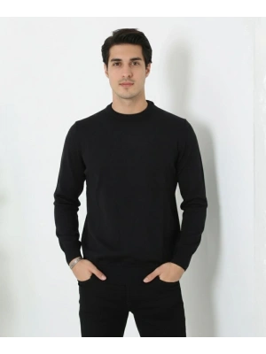 Erkek Bisiklet Yaka Triko Kazak yumuşak dokulu Pamuklu ince Dokuma, uzun kollu Rahat Regular kalıp - Siyah