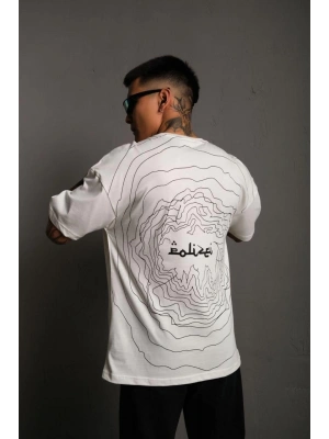 Erkek Bisiklet Yakalı Sırt Baskılı Oversize T-Shirt - Beyaz
