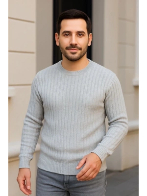 Erkek Bisiklet Yuvarlak Yaka Triko Kazak Pamuklu Kalın Fitilli Dokuma, Regular Fit Uzun Kollu Kışlık Model - Gri