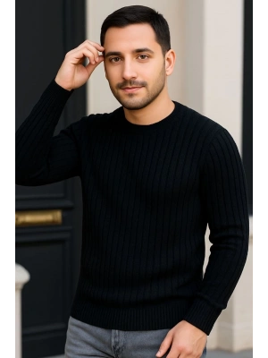Erkek Bisiklet Yuvarlak Yaka Triko Kazak Pamuklu Kalın Fitilli Dokuma, Regular Fit Uzun Kollu Kışlık Model - Siyah