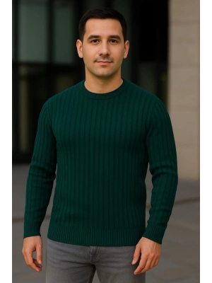 Erkek Bisiklet Yuvarlak Yaka Triko Kazak Pamuklu Kalın Fitilli Dokuma, Regular Fit Uzun Kollu Kışlık Model - Haki