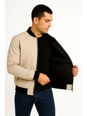 Erkek Bomber Mont Ceket – Fermuarlı, Kapitone İçi Astarlı, Su İtici Kumaş, Regular Fit, Uzun Kollu, Yandan Cepli, Bahar & Kış Rahat Günlük Stil - Bej