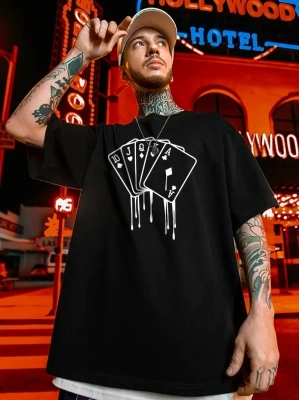 erkek büyük beden Kart baskılı düz renk kısa kollu bisiklet yaka tişört gündelik giyim - Siyah