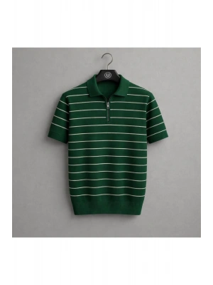 Erkek çizgili yarım fermuar detaylı premium yazlık kısa kollu triko tişört Haki