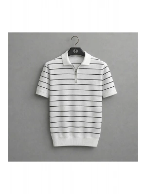 erkek çizgili yarım fermuar detaylı premium yazlık kısa kollu triko tişört