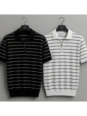 Erkek Çizgili Yarım Fermuarlı Polo Yaka Triko Tişört