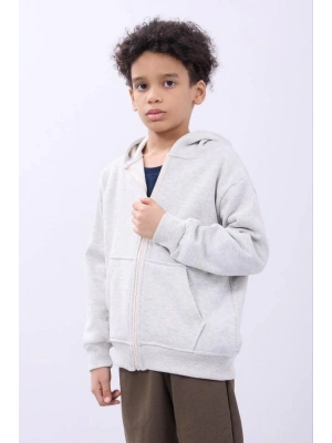 Erkek Çocuk Kapüşonlu Kanguru Çepli Tam Fermuarlı Hırka SweatShirt - Gri