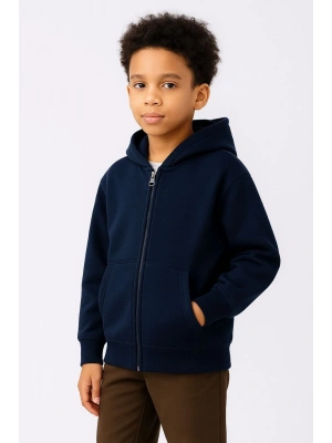 Erkek Çocuk Kapüşonlu Kanguru Çepli Tam Fermuarlı Hırka SweatShirt - Lacivert