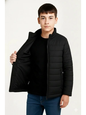 Erkek Çocuk Şişme Mont Hafif ve Sıcak Tutucu Kışlık Fermuarlı Su İtici Rahat Günlük Mont Kapüşonuz Modern Tasarım - Siyah