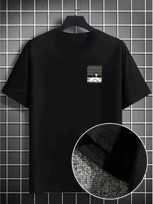 Erkek Dağ Grafikli Tişört, Yaz için Büyük Beden Rahat T-shirt - Siyah