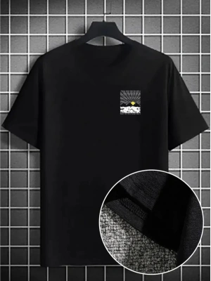 Erkek Dağ Grafikli Tişört, Yaz için Büyük Beden Rahat T-shirt - Siyah