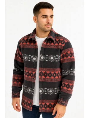 Erkek Desenli Polar Gömlek – Etnik Şerit Desen Yakalı, Uzun Kollu, Düğmeli, Oversize Rahat Kalıp - Füme