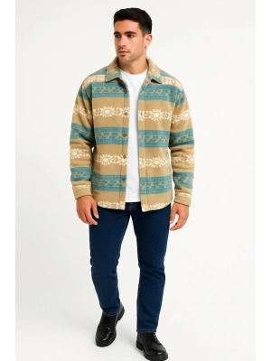 Erkek Desenli Polar Gömlek – Etnik Şerit Desen Yakalı, Uzun Kollu, Düğmeli, Oversize Rahat Kalıp - Sarı