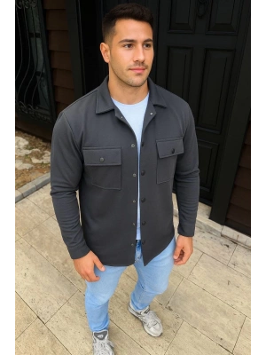 Erkek Diagonal Kumaş Cepli Çıtçıtlı uzun Kollu, Gömlek Oversize Rahat Kalıp Günlük Şık Stil - Füme