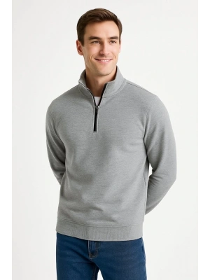 Erkek Dik Yaka Sweatshirt Dik Yaka Yarım Fermuarlı 3 İplik Şardonlu Pamuk Kumaş - Gri