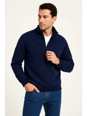 Erkek Dik Yaka Sweatshirt Dik Yaka Yarım Fermuarlı 3 İplik Şardonlu Pamuk Kumaş - Lacivert