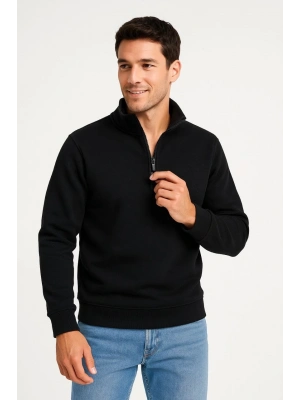 Erkek Dik Yaka Sweatshirt Dik Yaka Yarım Fermuarlı 3 İplik Şardonlu Pamuk Kumaş - Siyah
