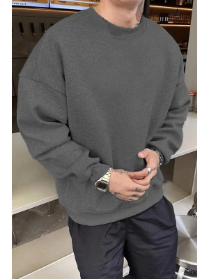 Erkek Düz Bisiklet Yaka Sweat - Füme