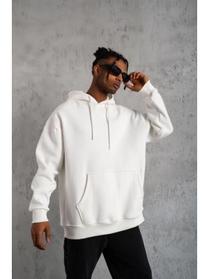 Erkek Düz Kapüşonlu Sweat - Beyaz