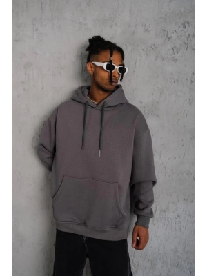 Erkek Düz Kapüşonlu Sweat - Gri