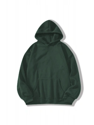 Erkek Düz Kapüşonlu Sweat - Koyu Yeşil