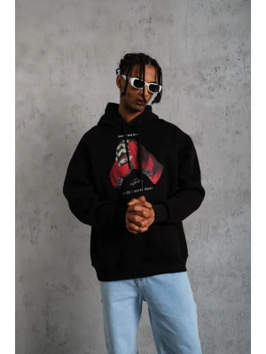 Erkek Eldiven Baskılı Kapüşonlu Sweat - Siyah