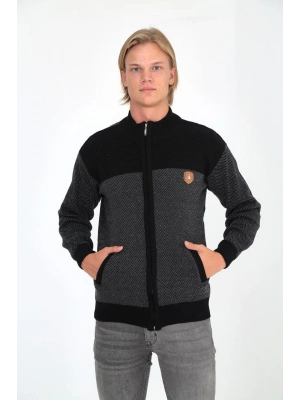 Erkek Fermuarlı Triko Hırka Yüksek Yaka, Cepli, Günlük Şık Rahat Kalıp Triko - Siyah