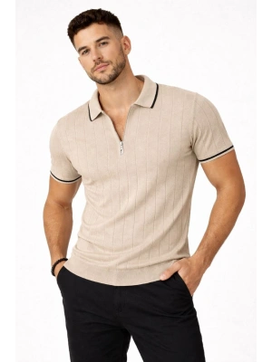 Erkek Fermuarlı Yaka Fitilli Triko Kısa Kollu Regular Fit Tişört T-shirt - Bej