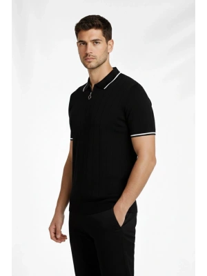 Erkek Fermuarlı Yaka Fitilli Triko Kısa Kollu Regular Fit Tişört T-shirt - Siyah