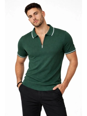 Erkek Fermuarlı Yaka Fitilli Triko Kısa Kollu Regular Fit Tişört T-shirt - Yeşil