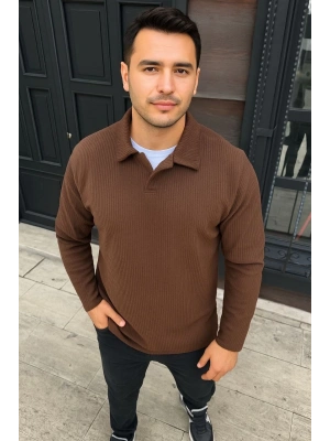Erkek Fitilli Polar Sweatshirt – Düğmesiz Polo Yaka, Oversize Rahat Kalıp, Kalın Polar Kumaş, Kışlık ve Baharlık Şık Günlük Üst - Kahverengi