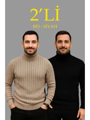 Erkek Fitilli Triko Kazak 2li Set Bej Siyah Regular Balıkcı Yaka Tam Boğazlı Triko Seti Modeli Kazak