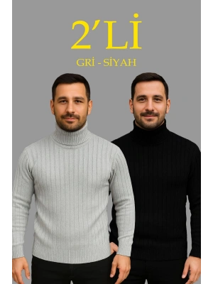 Erkek Fitilli Triko Kazak 2li Set Gri Siyah Regular Balıkcı Yaka Tam Boğazlı Triko Seti Modeli Kazak