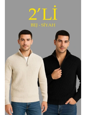 Erkek Fitilli Triko Kazak 2’li Set – Siyah & Bej Kalın Dokuma Pamuklu Regular Fit V Yaka Fermuarlı Uzun Kollu Rahat Kışlık Kazak Kombini