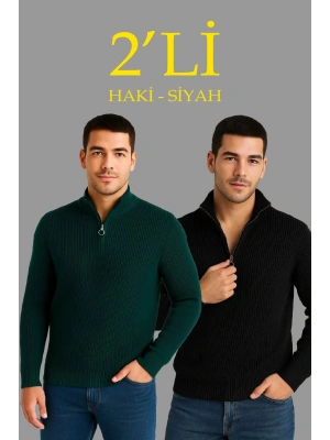 Erkek Fitilli Triko Kazak 2’li Set – Siyah & Haki Kalın Dokuma Pamuklu Regular Fit V Yaka Fermuarlı Uzun Kollu Rahat Kışlık Kazak Kombini