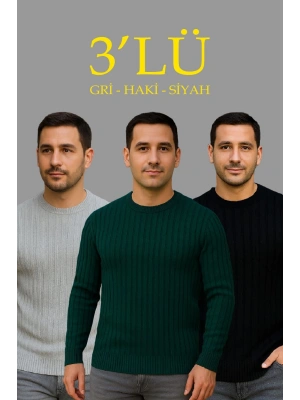 Erkek Fitilli Triko Kazak 3lü Set Gri Haki Siyah Regular Fit Bisiklet Yaka Triko Seti Modeli Kazak