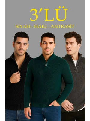 Erkek Fitilli Triko Kazak 3’lü Set – Haki, Siyah, Antrasit Kalın Dokuma Pamuklu Regular Fit V Yaka Fermuarlı Uzun Kollu Rahat Kışlık Kazak Kombini