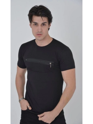 Erkek Göğüste Fermuar Aksesuarlı Dar Kalıp T-Shirt - Siyah