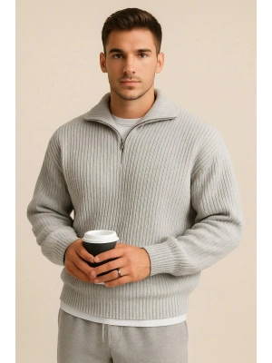 Erkek Gri Yarım Fermuarlı Fitilli Triko Kazak