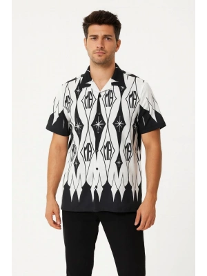 Erkek İki İplik Kumaş Dijital Baskılı Gömlek - Siyah