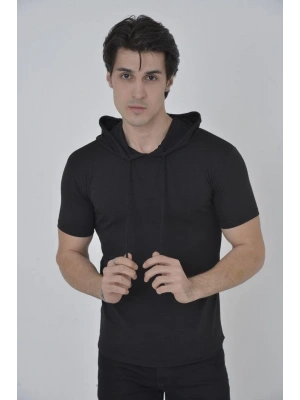 Erkek Kapşonlu Slim Fit T-shirt - Siyah
